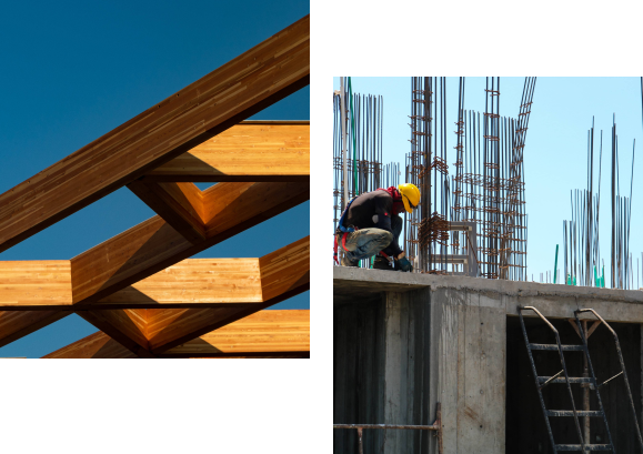 Mälarbygg | Bild på träkonstruktion och en byggarbetare som arbetar på en byggnad.